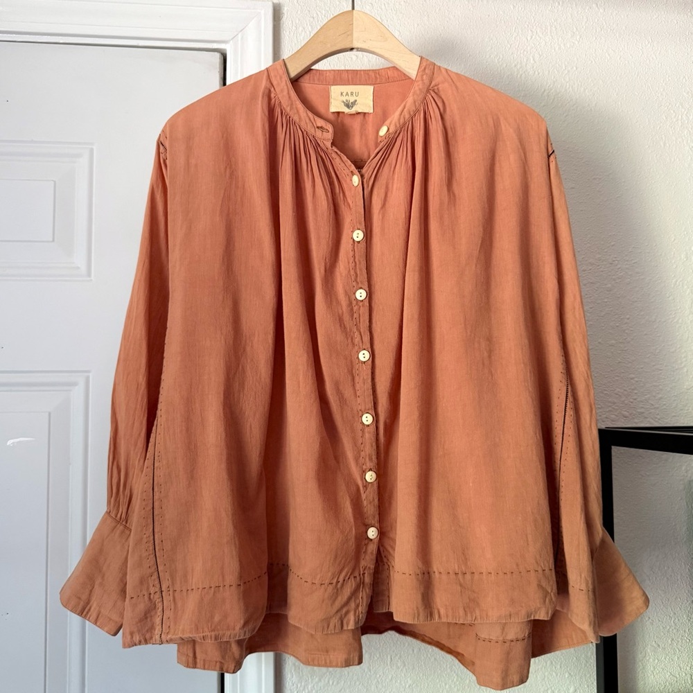 KARU peach cotton garment hand dyed lattice lace trim button up blouse shirt top